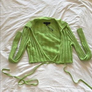 Green Ribbed Cropped Wrap Cardigan